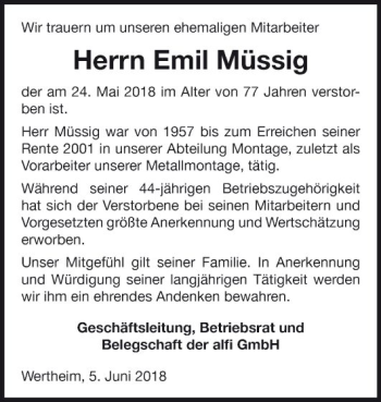 Traueranzeige von Emil Müssig von Fränkische Nachrichten