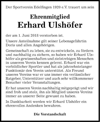Traueranzeige von Erhard Ulshöfer von Fränkische Nachrichten