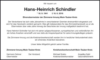 Traueranzeige von Hans-Heinrich Schindler von Fränkische Nachrichten