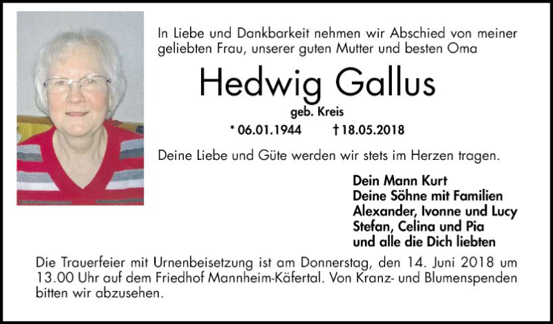  Traueranzeige für Hedwig Gallus vom 02.06.2018 aus Mannheimer Morgen