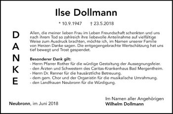 Traueranzeige von Ilse Dollmann von Fränkische Nachrichten