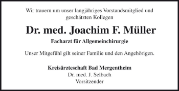 Traueranzeige von Joachim F. Müller von Fränkische Nachrichten