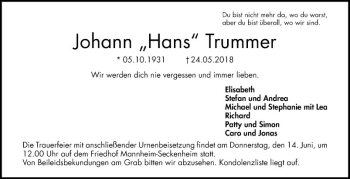 Traueranzeige von Johann Hans Trummer von Mannheimer Morgen