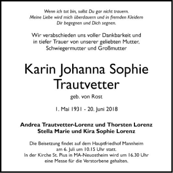Traueranzeige von Karin Johanna Sophie Trautvetter von Mannheimer Morgen