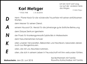 Traueranzeige von Karl Metzger von Fränkische Nachrichten
