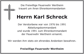 Traueranzeige von Karl Schreck von Fränkische Nachrichten