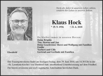Traueranzeige von Klaus Hock von Fränkische Nachrichten