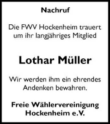 Traueranzeige von Lothar Müller von Schwetzinger Zeitung