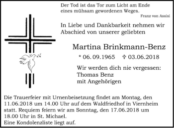 Traueranzeige von Martina Brinkmann-Benz von Mannheimer Morgen