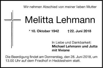 Traueranzeige von Melitta Lehmann von Mannheimer Morgen