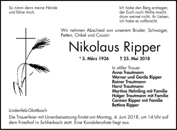 Traueranzeige von Nikolaus Ripper von Bergsträßer Anzeiger