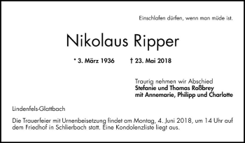 Traueranzeige von Nikolaus Ripper von Bergsträßer Anzeiger