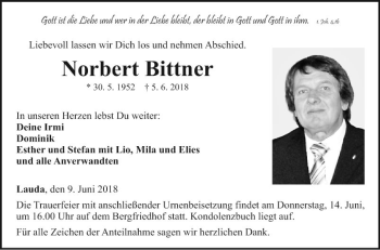 Traueranzeige von Norbert Bittner von Fränkische Nachrichten