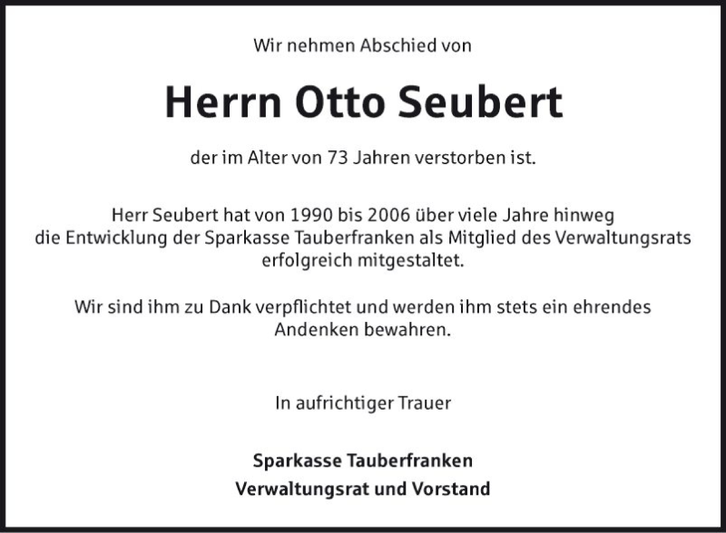  Traueranzeige für Otto Seubert vom 26.06.2018 aus Fränkische Nachrichten