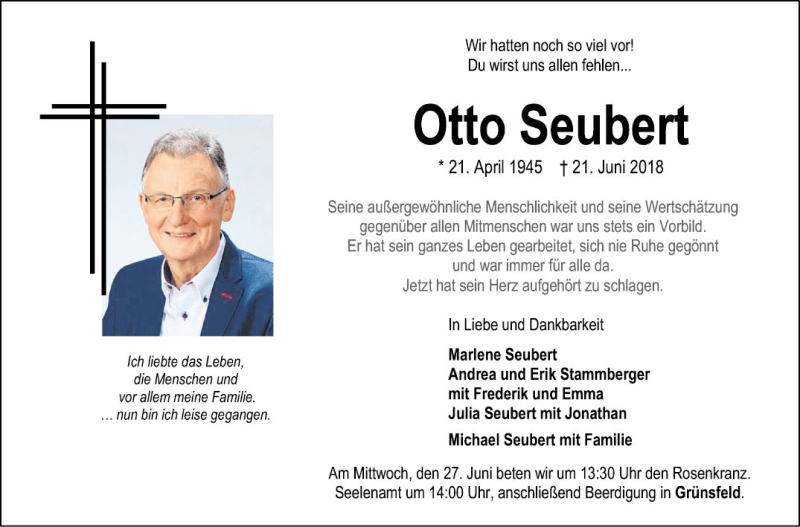  Traueranzeige für Otto Seubert vom 25.06.2018 aus Fränkische Nachrichten