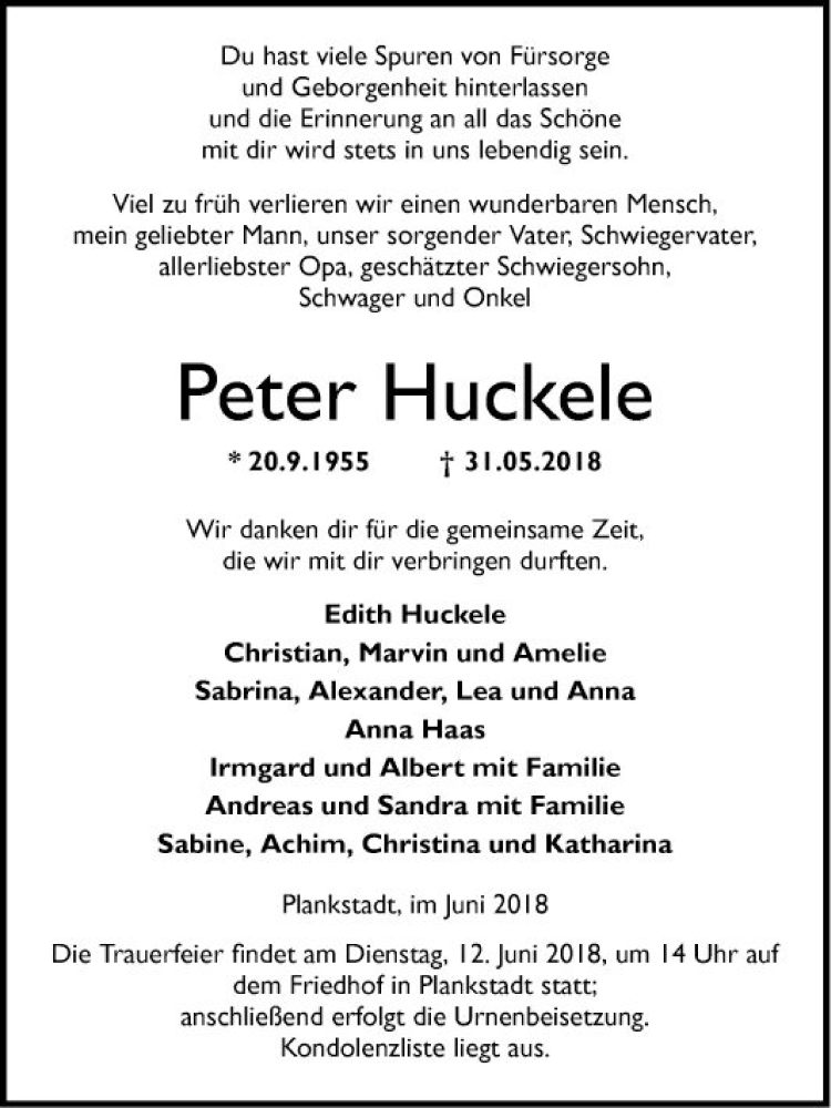  Traueranzeige für Peter Huckele vom 07.06.2018 aus Schwetzinger Zeitung