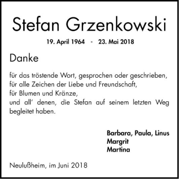 Traueranzeige von Stefan Grzenkowski von Schwetzinger Zeitung