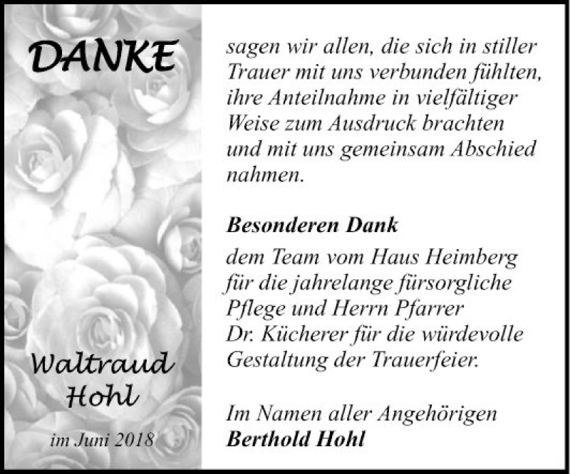  Traueranzeige für Waltraud Hohl vom 29.06.2018 aus Fränkische Nachrichten