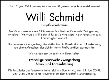 Traueranzeige von Willi Schmidt von Bergsträßer Anzeiger