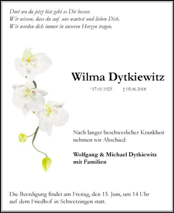 Traueranzeige von Wilma Dytkiewitz von Schwetzinger Zeitung