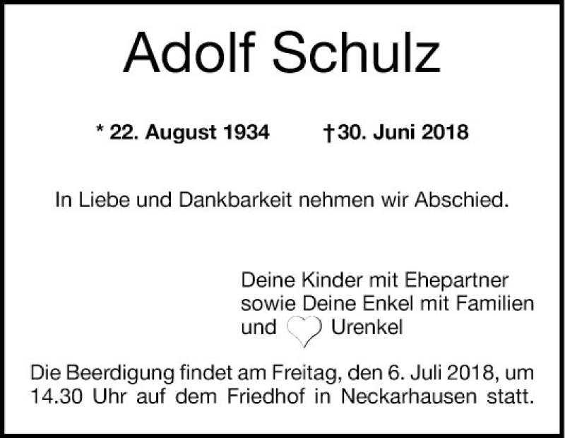 Traueranzeige für Adolf Schulz vom 04.07.2018 aus Mannheimer Morgen