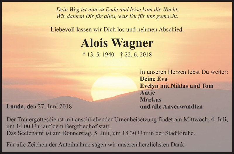  Traueranzeige für Alois Wagner vom 27.06.2018 aus Fränkische Nachrichten