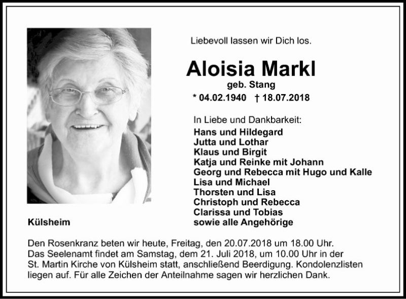  Traueranzeige für Aloisia Markl vom 20.07.2018 aus Fränkische Nachrichten