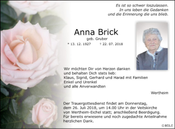 Traueranzeige von Anna Brick von Fränkische Nachrichten