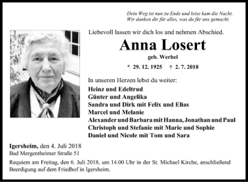 Traueranzeige von Anna Losert von Fränkische Nachrichten