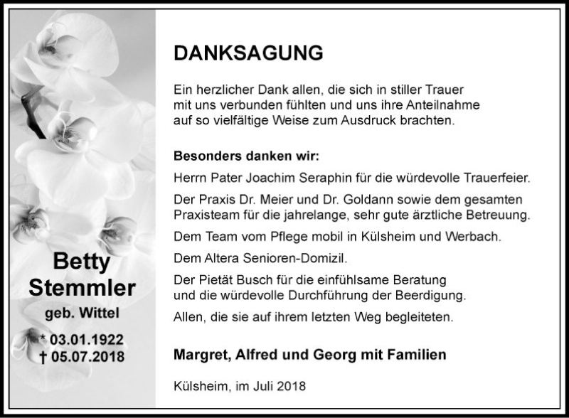  Traueranzeige für Betty Stemmler vom 21.07.2018 aus Fränkische Nachrichten
