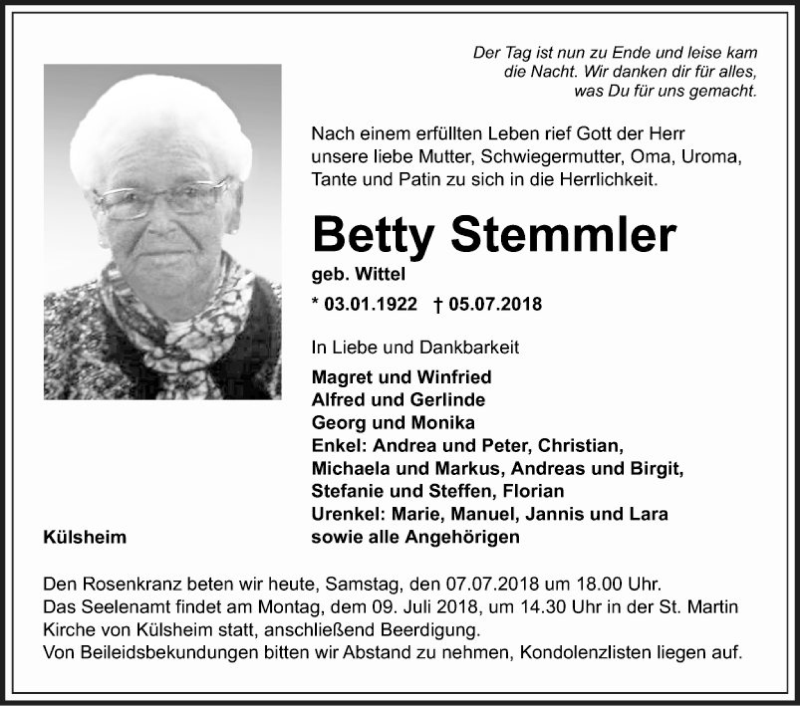  Traueranzeige für Betty Stemmler vom 07.07.2018 aus Fränkische Nachrichten