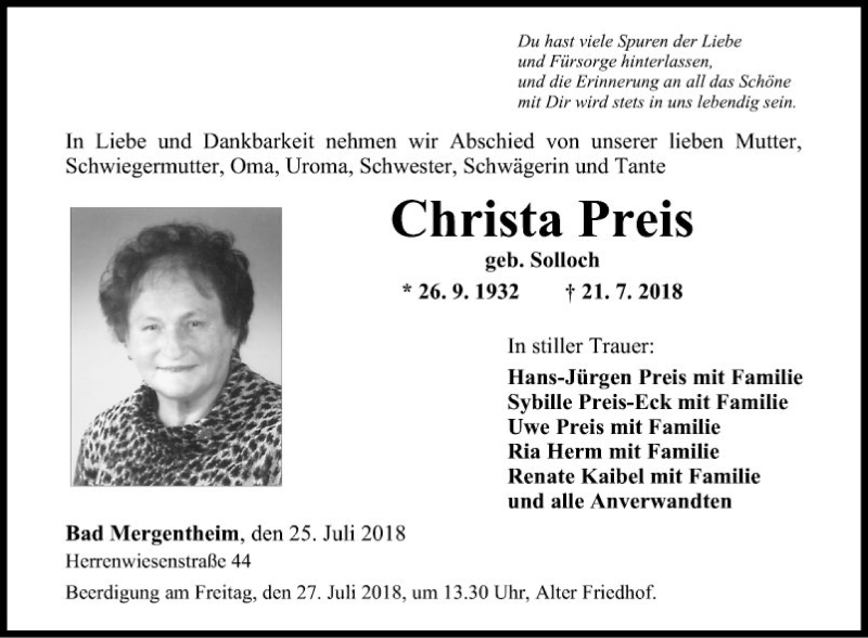  Traueranzeige für Christa Preis vom 26.07.2018 aus Fränkische Nachrichten