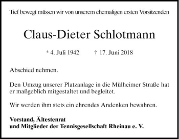 Traueranzeige von Claus-Dieter Schlotmann von Mannheimer Morgen
