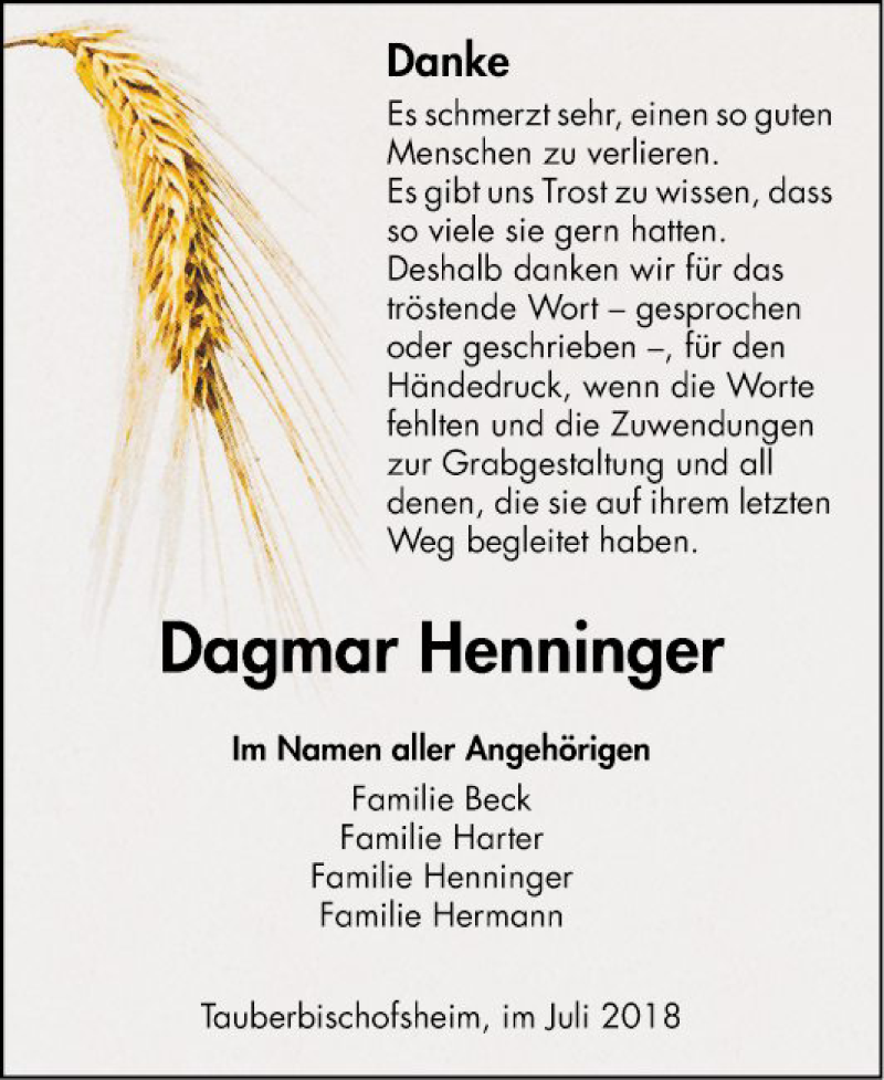  Traueranzeige für Dagmar Henninger vom 06.07.2018 aus Fränkische Nachrichten