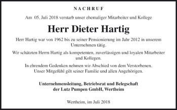 Traueranzeige von Dieter Hartig von Fränkische Nachrichten