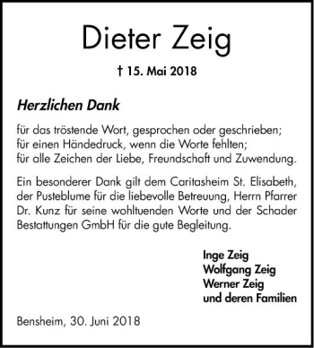Traueranzeige von Dieter Zeig von Bergsträßer Anzeiger