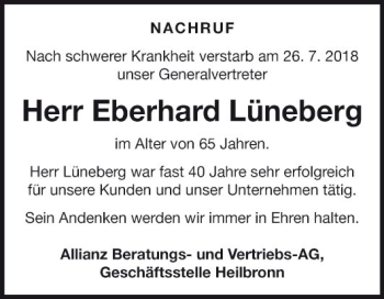 Traueranzeige von Eberhard Lüneberg von Fränkische Nachrichten