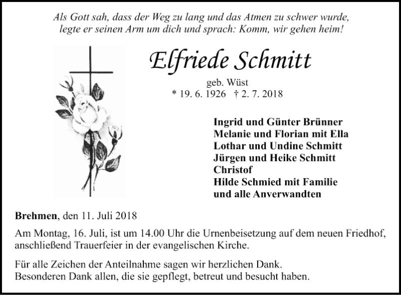 Traueranzeige für Elfriede Schmitt vom 11.07.2018 aus Fränkische Nachrichten