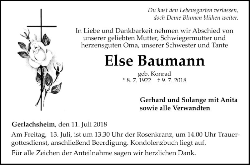  Traueranzeige für Else Baumann vom 11.07.2018 aus Fränkische Nachrichten