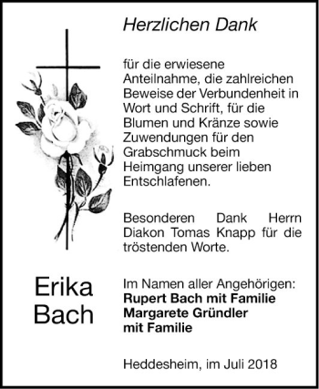 Traueranzeige von Erika Bach von Mannheimer Morgen