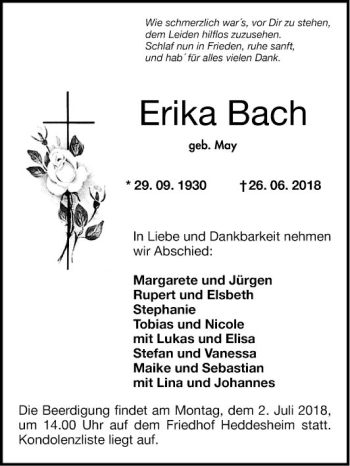 Traueranzeige von Erika Bach von Mannheimer Morgen