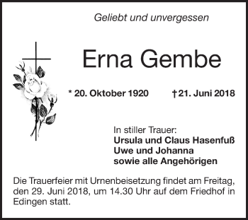 Traueranzeige von Erna Gembe von Mannheimer Morgen