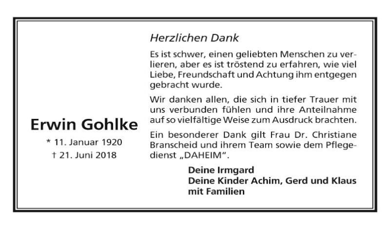  Traueranzeige für Erwin Gohlke vom 14.07.2018 aus Mannheimer Morgen