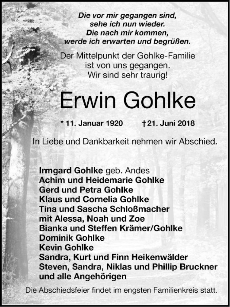  Traueranzeige für Erwin Gohlke vom 30.06.2018 aus Mannheimer Morgen