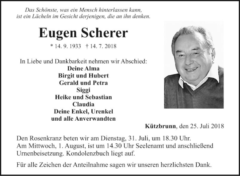  Traueranzeige für Eugen Scherer vom 25.07.2018 aus Fränkische Nachrichten