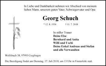 Traueranzeige von Georg Schuch von Fränkische Nachrichten