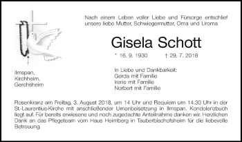 Traueranzeige von Gisela Schott von Fränkische Nachrichten