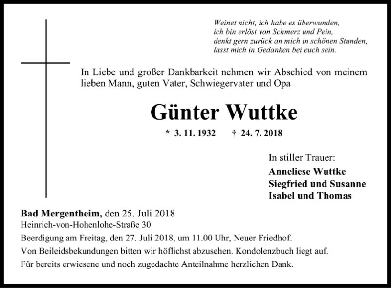  Traueranzeige für Günter Wuttke vom 25.07.2018 aus Fränkische Nachrichten