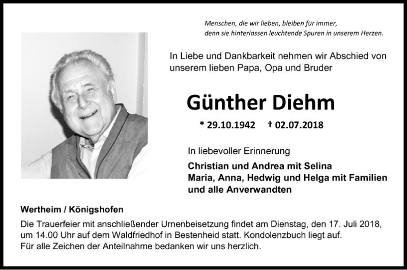  Traueranzeige für Günther Diehm vom 12.07.2018 aus Fränkische Nachrichten