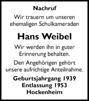 Traueranzeige von Hans Weibel von Schwetzinger Zeitung